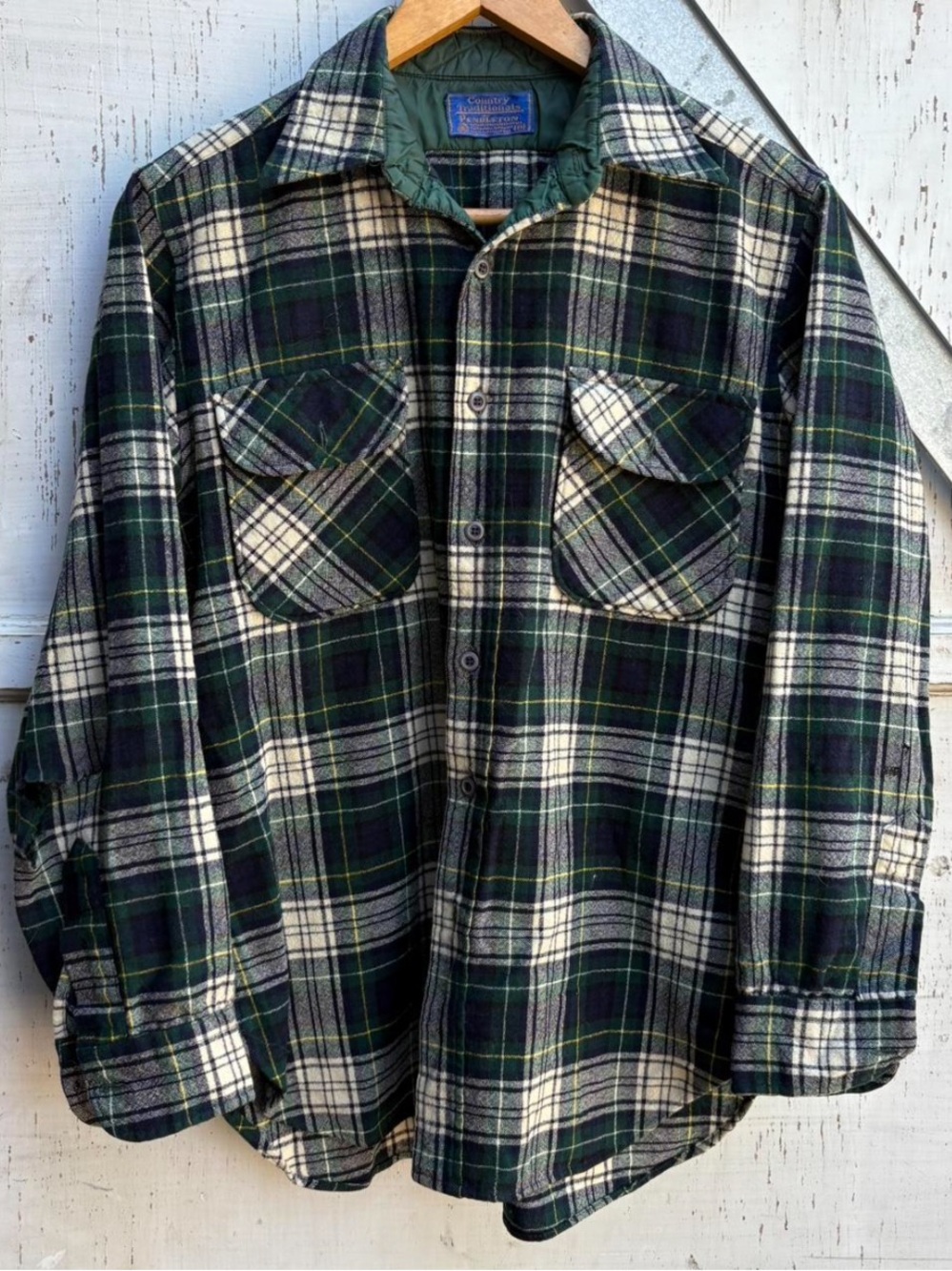 Vintage 90s Pendleton Green White Plaid Button Up Flannel Wool Shirt Men’s M